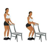 mulher fazendo cadeira agachamento exercício. parcial ou metade agachamento com cadeira para atleta. vetor