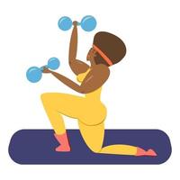 uma atleta negra. uma mulher negra com halteres nas mãos treme os músculos. ilustração em vetor plana