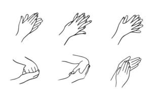 como limpar as mãos corretamente. regras para desinfecção e lavagem das mãos. o tratamento higiênico e médico de uma infecção. ilustração vetorial desenhada à mão no estilo doodle. vetor