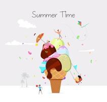 ilustração de praia de horário de verão em vetor. gente tomando sol e se divertindo contra o enorme sorvete. vetor