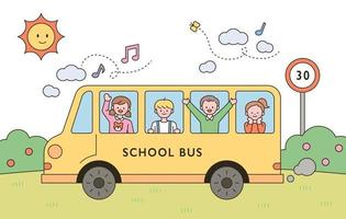 as crianças se divertem no ônibus escolar amarelo vetor