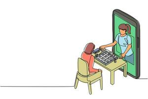 conceito de educação de xadrez on-line de desenho contínuo de uma linha. duas mulheres sentadas à mesa com tabuleiro de xadrez. professor mostra como jogar do smartphone. ilustração gráfica de vetor de desenho de desenho de linha única