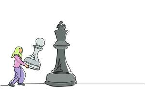 uma linha contínua desenho empresária árabe segurando o xadrez de peão para vencer o xadrez do rei. planejamento estratégico, estratégia de desenvolvimento de negócios, táticas de empreendedorismo. vetor de design de desenho de linha única