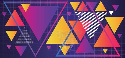 triângulos coloridos abstratos com padrões e gradientes em uma grade de fundo dos anos 80