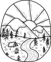 doodle bonito montanhas floresta natureza caminhada tenda isolada linha logotipo desenhado à mão ilustração vetorial desenho para colorir para uma tatuagem