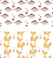 conjunto padrão sem emenda ilustração vetorial impressão bonita berçário com galinhas e corações e com dinossauros feliz dia dos namorados 14 de fevereiro vetor