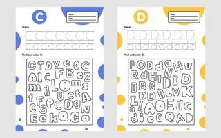 definir planilha de letras de rastreamento a4 para crianças em idade pré-escolar e jogo em idade escolar para crianças encontrar e colorir vetor