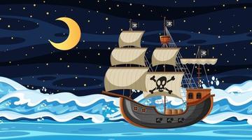 cena do oceano à noite com o navio pirata em estilo cartoon vetor