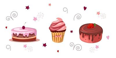 conjunto de sobremesas doces. bolos com chocolate, morangos, cerejas, bolinho. ilustração vetorial isolada no fundo branco. estilo cartoon