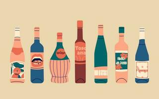 conjunto do vetor plano garrafas do vinho. etiquetas com a nomes do produtor de vinho regiões - mendoza, Rioja, toscana, Ribera del duero, provence. ilustração para Barra ou restaurante cardápio Projeto.