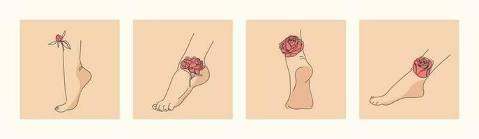 elegante fêmea pés com flores humano pernas e calcanhares e a rosas e peônias retratado em eles. na moda vetor ilustração dentro minimalista estilo. plantas Como uma tatuagem.