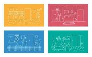 conjunto do interiores do vivo sala, quarto, banheiro, cozinha. linear esboços do mobiliário. monocromático vetor ilustração. vetor fundo apartamento.