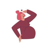 grávida mulher segurando dela costas Porque do dor. problemas associado com esperando uma bebê, costas dor, enxaquecas. vetor desenho animado ilustração do roxo, amarelo, Rosa cores.