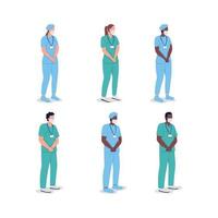 conjunto de caracteres sem rosto de vetor de cor plana de médicos multiculturais