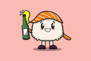sushi de personagem de desenho animado fofo com garrafa de refrigerante vetor