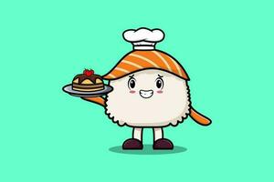 desenho animado chefe de cozinha Sushi personagem servindo bolo em bandeja vetor