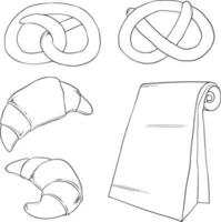 vetor ilustração do croissant, pretzel e saco com café dentro bege cores. fofa outono conjunto para decoração, decoração, artesanato, impressão, impressões, adesivos, etc. vetor gráficos.