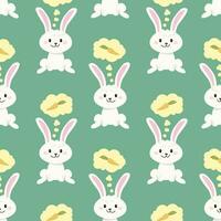 desatado padrão, fofa Páscoa coelhos com cenouras em uma verde fundo. crianças imprimir, fundo, têxtil, vetor