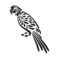 papagaio tropical desenhado à mão, silhueta preta com ornamento. estêncil, tatuagem, ilustração, vetor