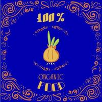 esta é uma ilustração do doodle de uma cebola com padrões vintage e letras 100% de comida orgânica vetor