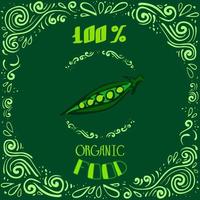 esta é uma ilustração do doodle de ervilhas com padrões vintage e letras 100% de alimentos orgânicos vetor