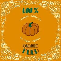 esta é uma ilustração do doodle de uma abóbora com padrões vintage e inscrições 100% de comida orgânica vetor