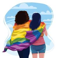 casal de lésbicas se abraçando com orgulho bandeira lgbtq vetor