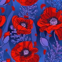psicodélico Magia papoula padronizar. anos 60 hippie, colorida flores brilhante verão ilustração dentro esboço estilo com Papaver botões. para papel de parede, impressão em tecido, invólucro. vetor