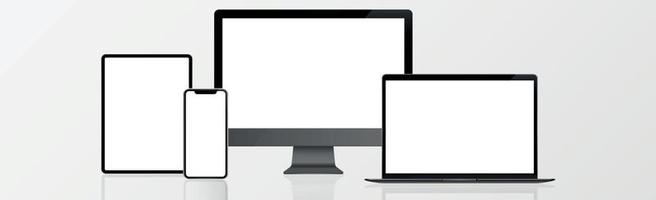 monitor de pc, laptop, tablet, smartphone em preto, prata e branco com reflexo - vetor realista