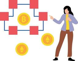 a menina é trabalhando em a bitcoin blockchain. vetor