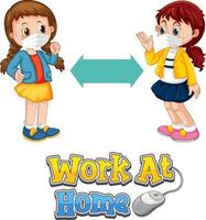 fonte work at home em estilo cartoon com duas crianças mantendo distância social isolada no fundo branco vetor