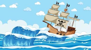 cena do oceano durante o dia com o navio pirata em estilo cartoon vetor