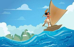 polinésio mulher em pé em dela barco vetor