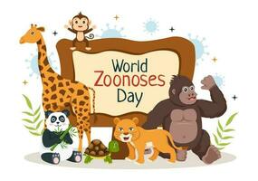 mundo zoonoses dia vetor ilustração em 6 Julho com vários animais que é dentro a floresta dentro plano desenho animado mão desenhado aterrissagem página modelos