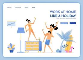 site de viagens com o tema de trabalho em casa, como viagens de férias para praias de ilhas tropicais e continuar trabalhando via internet, design de vetor pode ser usado para banners de cartazes website web mobile flyer