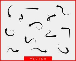 setas de coleção vector símbolos preto e branco de fundo. ícone de seta diferente definir círculo, para cima, encaracolado, reto e torcido. elementos de design.