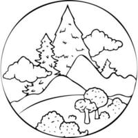 panorama com alta árvores entre colinas e nuvens dentro a círculo vetor ilustração