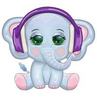 fofa desenho animado elefante, infantil personagem com lindo olhos vestindo fones de ouvido, música amante ouvindo para música vetor