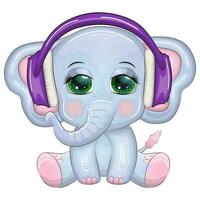 fofa desenho animado elefante, infantil personagem com lindo olhos vestindo fones de ouvido, música amante ouvindo para música vetor