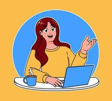 mulher trabalhando em uma computador portátil, trabalhando em implementando Novo Ideias às trabalhar, uma copo do quente café vetor
