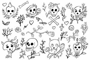 crânio rabisco vetor conjunto com floral elementos, flores, mão desenhado crânio esboço coleção, gótico conjunto