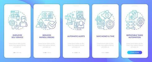 folha de pagamento em processamento Programas prós azul gradiente onboarding Móvel aplicativo tela. passo a passo 5 passos gráfico instruções com linear conceitos. interface do usuário, ux, gui modelo vetor