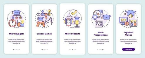 microaprendizagem maneiras onboarding Móvel aplicativo tela. micro pepitas passo a passo 5 passos editável gráfico instruções com linear conceitos. interface do usuário, ux, gui modelo vetor