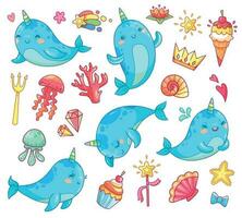 marinho kawaii bebê unicórnio narval. natação azul engraçado animê baleia vetor desenho animado clipart