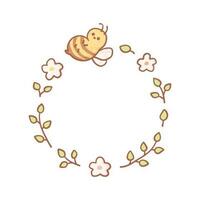 fofa círculo quadro, Armação dentro rabisco desenho animado estilo. vetor ilustração do volta fronteira com folhas, flores e abelha