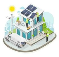solar célula casa cobertura topo instalador equipe serviço instalação solar painel em cobertura do moderno casa dentro verde natureza ecologia estilo de vida Fora porta isolado ilustração desenho animado vetor