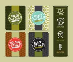 conjunto de vetores de modelos de embalagem de chá, logotipo, etiqueta, banner, cartaz, identidade, branding. design elegante para chá preto - chá verde - chá branco - chá oolong