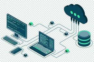 conceito de computação de tecnologia em nuvem. tecnologia de nuvem moderna. conceito isométrico de centro de dados. tecnologia de nuvem isométrica com datacenter. conceito de hospedagem na web. ilustração vetorial vetor