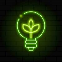 brilhando néon linha luz lâmpada com folha ícone. eco energia conceito. alternativo energia conceito. brilhando néon. vetor ilustração
