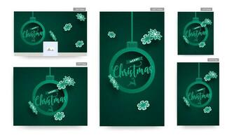 conjunto do poster e modelo Projeto com alegre Natal texto dentro suspensão enfeites forma quadro, Armação e 3d papel flocos de neve decorado em verde fundo. vetor